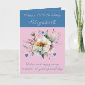 Carte Joyeux 70e anniversaire ajouter nom floral bleu (Devant)