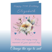 Carte Joyeux 70e anniversaire ajouter nom floral bleu