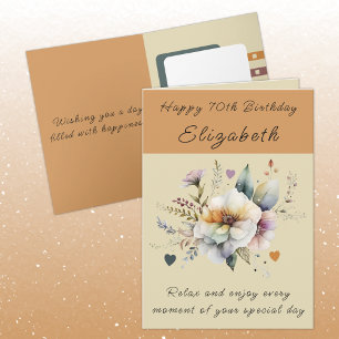 Carte Joyeux 70e anniversaire ajouter nom floral orange