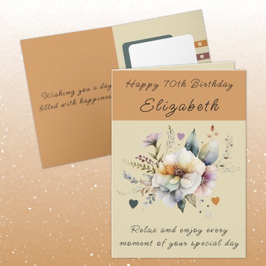 Carte Joyeux 70e anniversaire ajouter nom floral orange