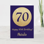 Carte Joyeux 70e anniversaire de la Navy Blue et Gold Gl<br><div class="desc">Happy 70th Birthday Navy Blue and Gold Glitter Card with personalized name For further customization,  please click the "Customize it" button and use our design tool to modify this template.</div>
