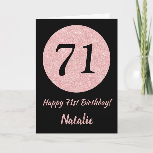 Carte Joyeux 71e anniversaire Noir et Rose Or rose (Devant)