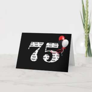Carte Joyeux 75e anniversaire en noir avec ballons