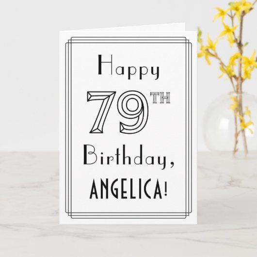 Carte Joyeux 79e anniversaire, Art Déco Style avec Nom p (Fleur jaune)