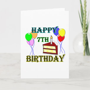 Carte Joyeux 7e anniversaire avec gâteau, ballons et bou