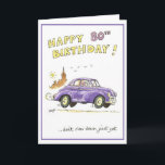 Carte Joyeux 80e anniversaire<br><div class="desc">Funny greeting card pour le 80e jour. Dame en old car with union jack headscarf racing off to enjoy her birthday.</div>