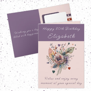 Carte Joyeux 80e anniversaire ajouter nom floral violet