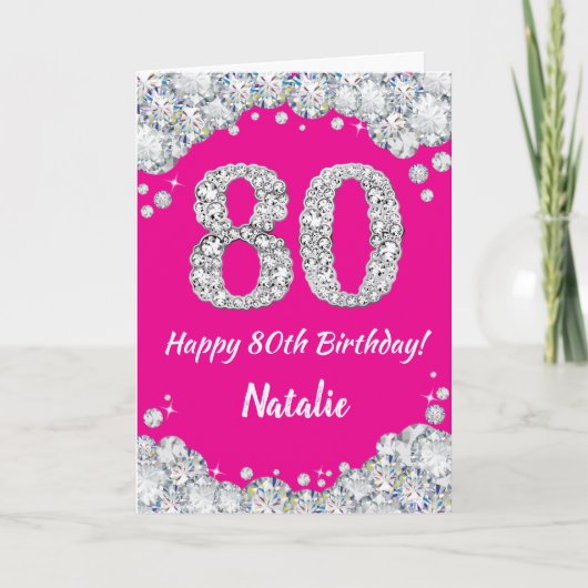 Carte Joyeux 80e anniversaire Hot rose et Parties scinti (Devant)