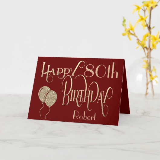 Carte Joyeux 80e anniversaire Nom Gold Texte Bourgogne (Fleur jaune)