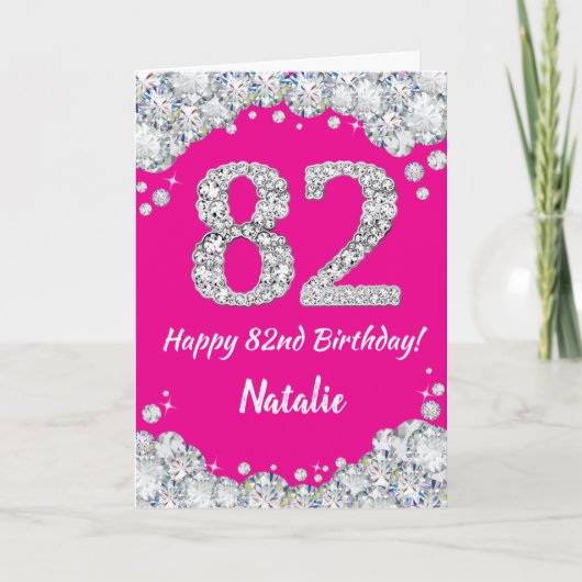 Carte Joyeux 82e anniversaire Hot rose et Parties scinti (Devant)