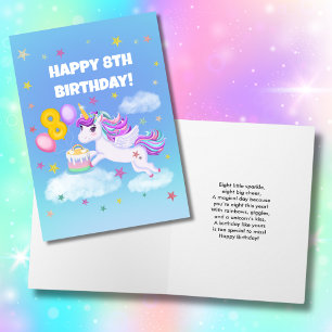 Carte Joyeux 8e anniversaire Licorne avec gâteau d'anniv