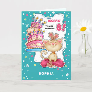Carte Joyeux 8e anniversaire. Nom personnalisé Fun Kitty