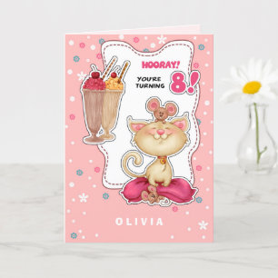 Carte Joyeux 8e anniversaire. Nom personnalisé Fun Kitty