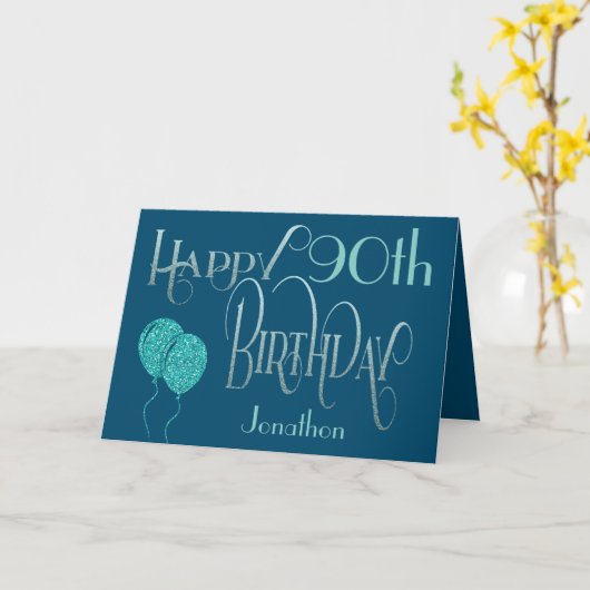 Carte Joyeux 90e anniversaire Nom bleu (Fleur jaune)