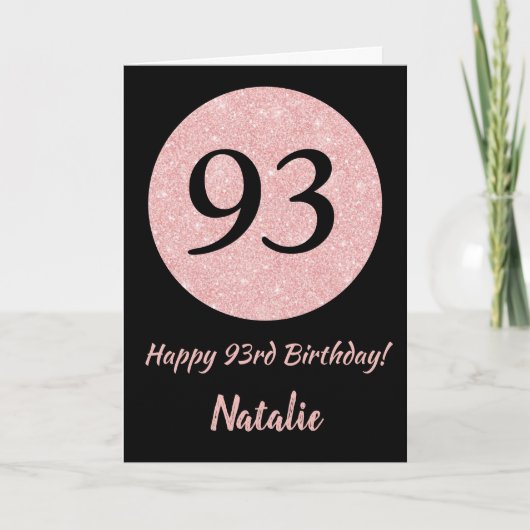 Carte Joyeux 93e anniversaire Noir et Rose Rose Or (Devant)