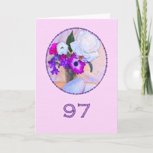 Carte Joyeux 97ème anniversaire avec un tableau de fleur (Devant)