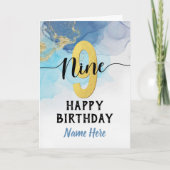 Carte Joyeux 9e Anniversaire Garçon Aquarelle Bleu & Or (Devant)