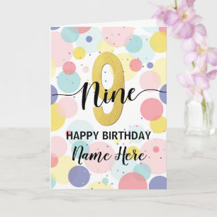 Carte Joyeux 9e anniversaire Pastel Rainbow Gold Girl