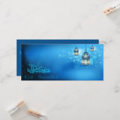 Carte Joyeux Aïd Moubarak Lanterne brillante bleue et bl (Devant/Arrière en situation)