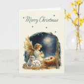 Carte Joyeux Ange de Noël au Manger (Fleur jaune)