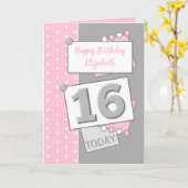Carte Joyeux anniversaire 16 aujourd'hui gris et rose (Fleur jaune)
