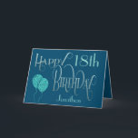 Carte Joyeux anniversaire 18ème Nom Bleu<br><div class="desc">Un design élégant de typographie ornée aux couleurs masculines pour un 18ème anniversaire. Happy Birthday est placé dans un script décoratif en bleu, et l'âge est dans une police de coordonnées en turquoise doux, avec le nom de votre destinataire, sur un arrière - plan bleu. Vous pouvez modifier le message...</div>