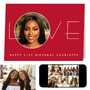 Carte Joyeux Anniversaire 21e Photo Amour Élégant Rouge