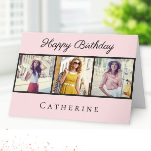 Carte Joyeux Anniversaire 3 Photos Collage Rose Pâle Élé