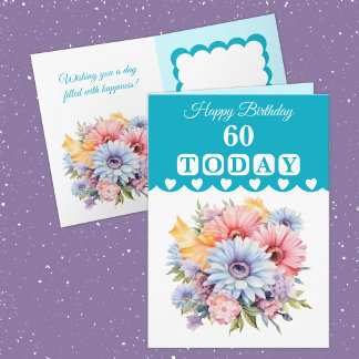 Carte Joyeux anniversaire 60 aujourd'hui fleurs turquois