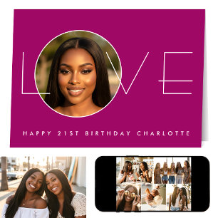 Carte Joyeux Anniversaire 7 Photo Amour Élégant Rose Fon