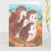 Carte Joyeux anniversaire à de jeunes hérissons  (Fleur jaune)