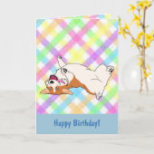 Carte Joyeux Anniversaire à l'envers du dessin de Corgi (Fleur jaune)