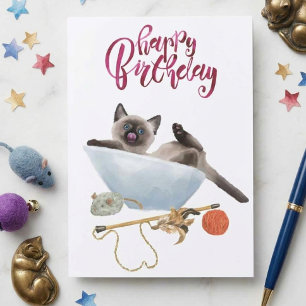 Carte Joyeux Anniversaire Adorable Chaton Siamois Aquare