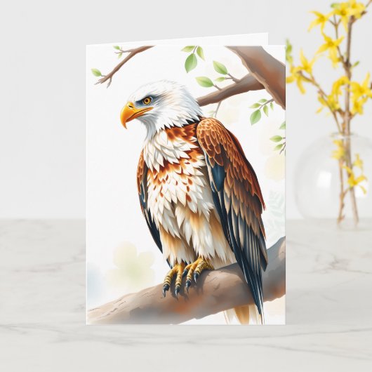 Carte Joyeux anniversaire | Aigle assis sur une branche (Fleur jaune)