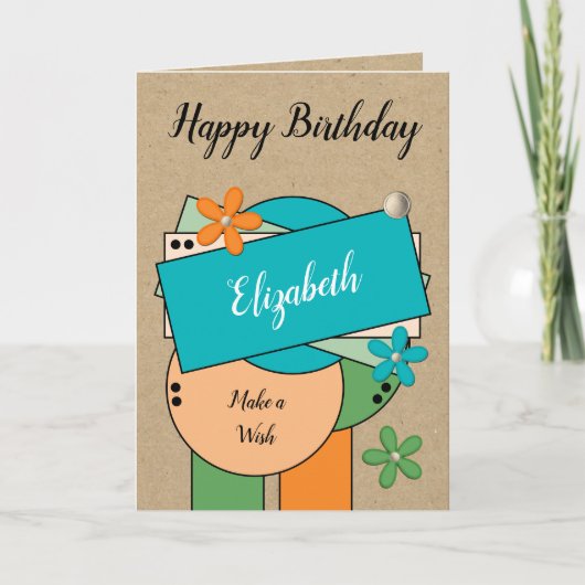 Carte Joyeux anniversaire ajouter nom orange vert bleu r (Devant)
