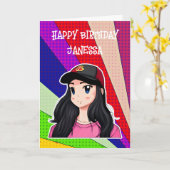 Carte Joyeux anniversaire (Ajouter un nom) Anime Girl (Fleur jaune)