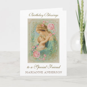 Carte Joyeux anniversaire ami religieux Vierge Marie Jés
