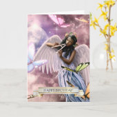 Carte Joyeux anniversaire. Angel avec papillons (Fleur jaune)