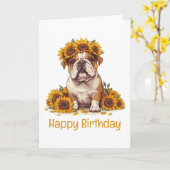 Carte Joyeux anniversaire anglais Bulldog Sunflower Crow (Fleur jaune)