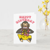 Carte Joyeux anniversaire, applaudissant le jouet singe. (Fleur jaune)