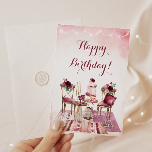 Carte Joyeux anniversaire aquarelle Boho Floral