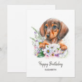 Carte Joyeux anniversaire | Aquarelle Dachshund et Flora (Devant / Derrière)