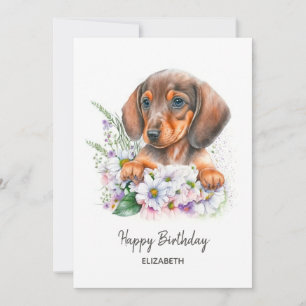 Carte Joyeux anniversaire   Aquarelle Dachshund et Flora