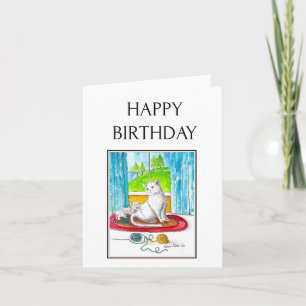 Carte Joyeux Anniversaire, Aquarelle Folk Art Chat, Kitt