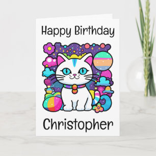 Carte Joyeux Anniversaire au Chat Cosmique Blanc Mignon