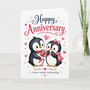 Carte Joyeux Anniversaire au Couple de Manchots Mignons