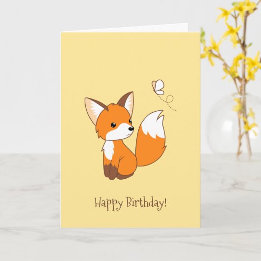 Carte Joyeux Anniversaire au Renard Mignon qui Regarde l (Fleur jaune)