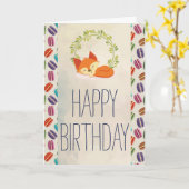 Carte Joyeux anniversaire au renard orange mignon avec u (Fleur jaune)
