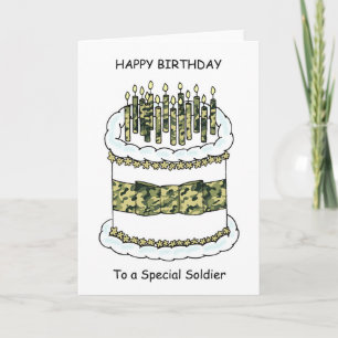 Carte Joyeux anniversaire au soldat gâteau et bougies