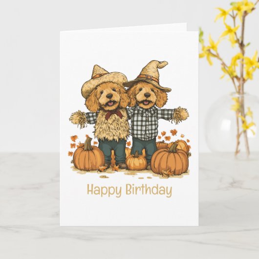 Carte Joyeux Anniversaire Automne Moisson Goldendoodle C (Fleur jaune)